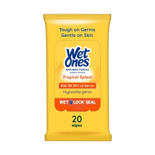 Wet Ones Antibacterial Tropical Splash Scent Hand Wipes 20 Ct Travel Pack, Hypoallergenic, Kills Germs, Leaves Hands Feeling Clean