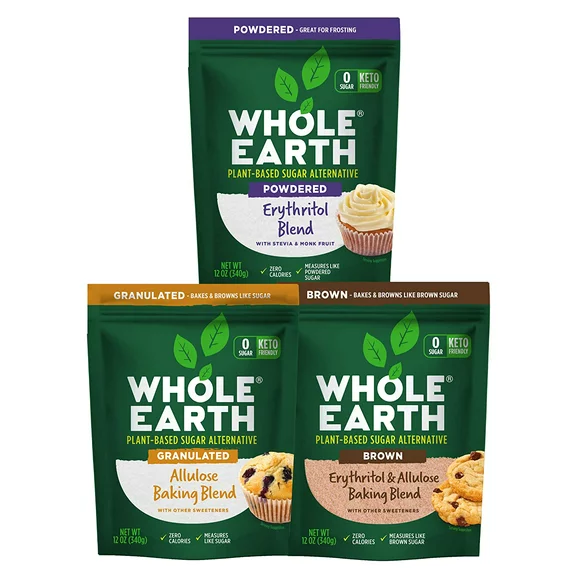 Whole Earth Baker's Trio - Granulated Allulose Baking Blend, Brown Erythritol & Powdered Erythritol Blend, 12 Ounce (Set of 3)
