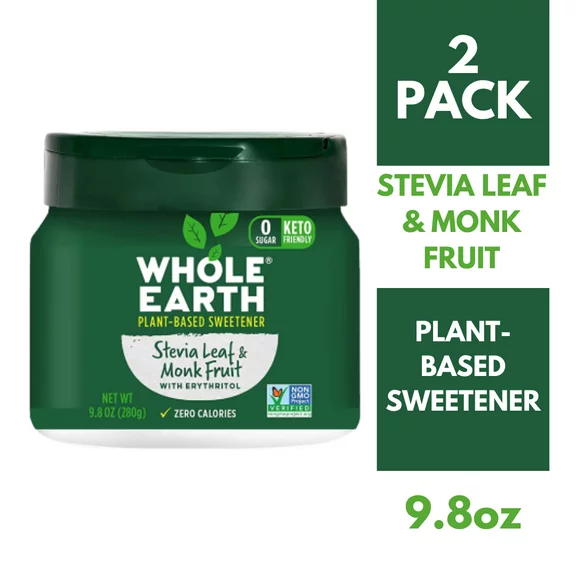 Whole Earth Stevia Leaf and Monk Fruit Sweetener, Sugar Substitute, Zero Calorie Sweetener, 9.8 Ounce Jar (2-Pack)