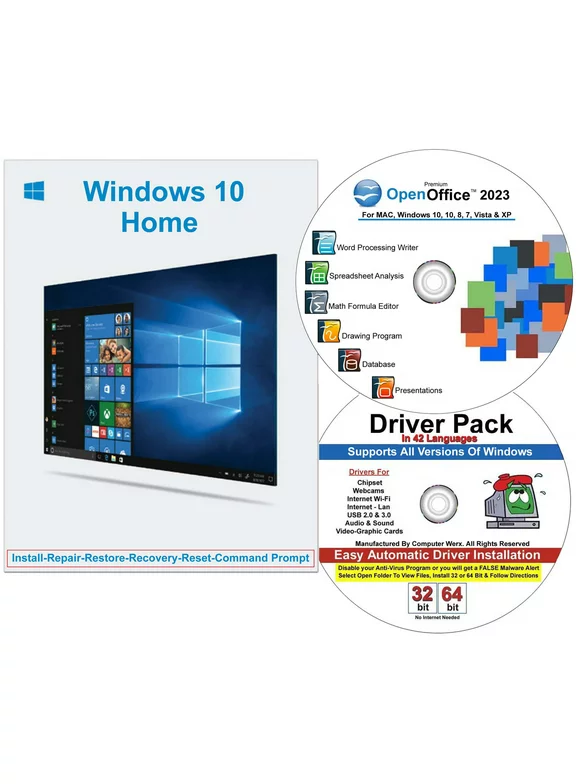Windows 10 Home 32/64 Bit DVD with Key Install Repair Recover REstore Plus Drivers Pack & Open Office, 3PK