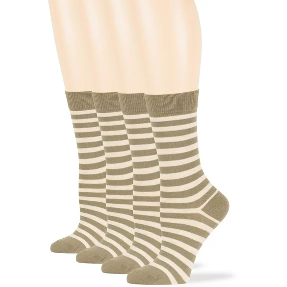 Women Cotton Striped Soft Crew Socks, Khaki, Medium 9-11, 4 Pack