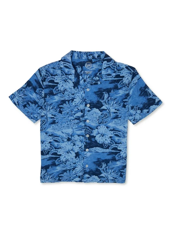 Wonder Nation Boys Short Sleeve Camp Collar Button-Up Shirt, Sizes 4-18