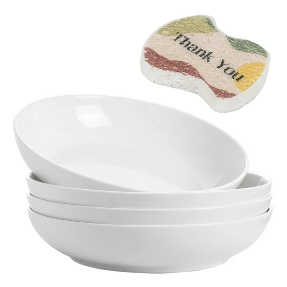 YHY 4-Piece White Deep Pasta Bowl Set of 4 With Dishwashing Sponge,8.5-Inch Salad Bowls,30 OZ Large Serving Bowls Set and Plates Sets