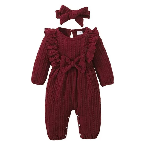 Younger Tree Baby Girl Romper Infant Fall Winter Clothes Ruffle Sweater Long Sleeve Bodysuit Jumpsuit and Headband for 12-18 Months