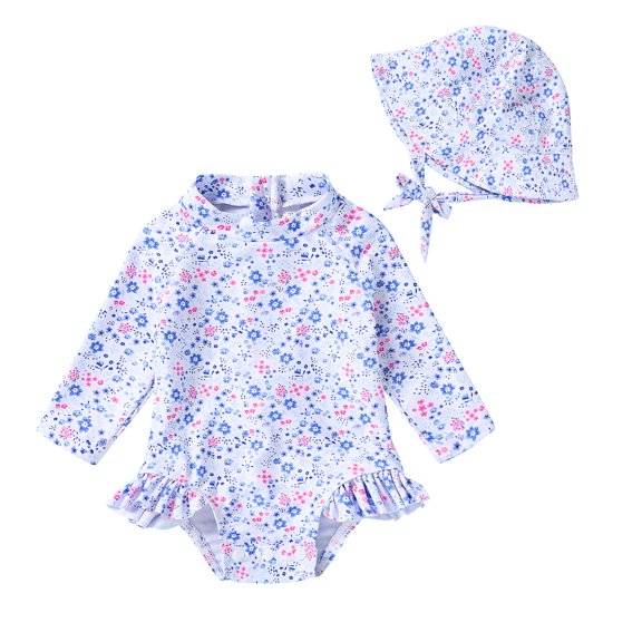 Younger Tree Infant Baby Girl One-Piece Swimsuit Long Sleeve Rash Guard Swimwear Hat Bathing Suit Set for 18-24 Months