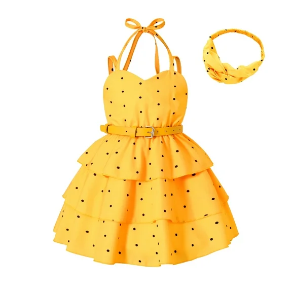 Younger Tree Little Girl Summer Dresses Set Kid Sleeveless Dots Halter Party Princess Skirt with Headband for 4-5T