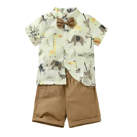 Younger Tree Toddler Baby Boy Casual Outfits Set Summer Short Sleeve Button Down Shirt Shorts Clothes 2Pcs for 12-18 Months