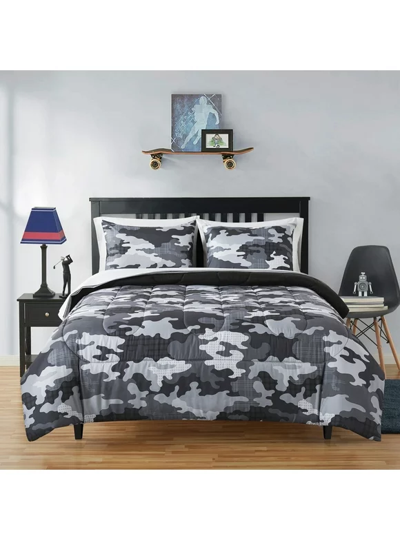 Your Zone Camouflage Twin Bedding Set for Kids, Grey, 5 Pieces with Storage Bag, Child, Unisex
