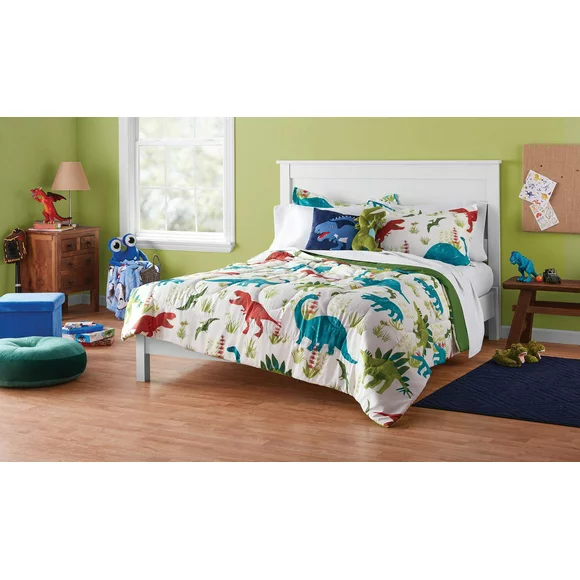 Your Zone Green and Blue Dino Full Bedding Set for Kids, Machine Wash, 7 Pieces