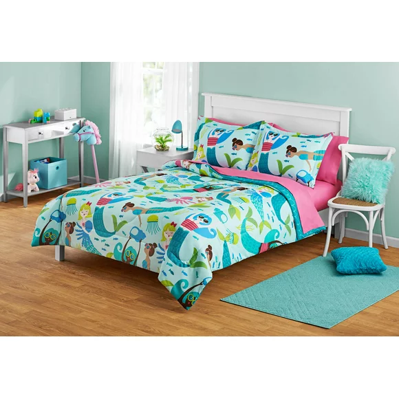 Your Zone Teal and Pink Mermaid Full Bedding Set for Kids, Machine Wash, 7 Pieces