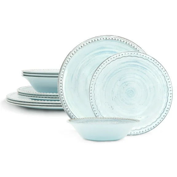 Zak Designs 12 Pieces Dinnerware Set Melamine Plastic Plates and Bowls, Service for 4, Durable and Dishwasher Safe, French Country House Sky