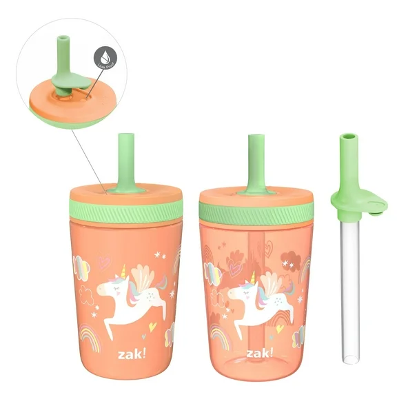 Zak Designs 12oz and 15oz Kelso Straw Tumbler Set, 12oz Stainless Steel and 15oz Plastic, 2 Cups and 1 Bonus Straw, Leakproof and Perfect for Kids, Unicorns