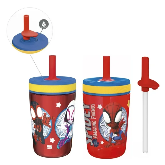 Zak Designs 12oz and 15oz 2-Pack Straw Tumbler Stainless Steel and Plastic with Additional Straw Leakproof and Perfect for Kids, Blippi