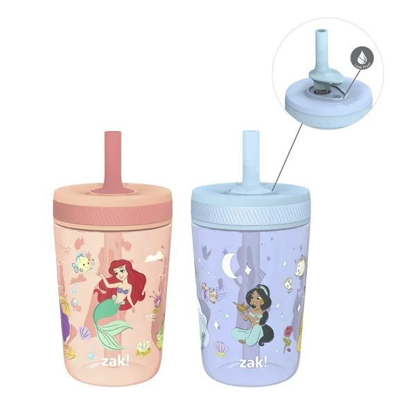 Zak Designs 15oz Disney Princess Kelso Travel Straw Tumbler Plastic and Silicone with Leak-Proof Straw Valve for Kids, 2pcs Set, Princess