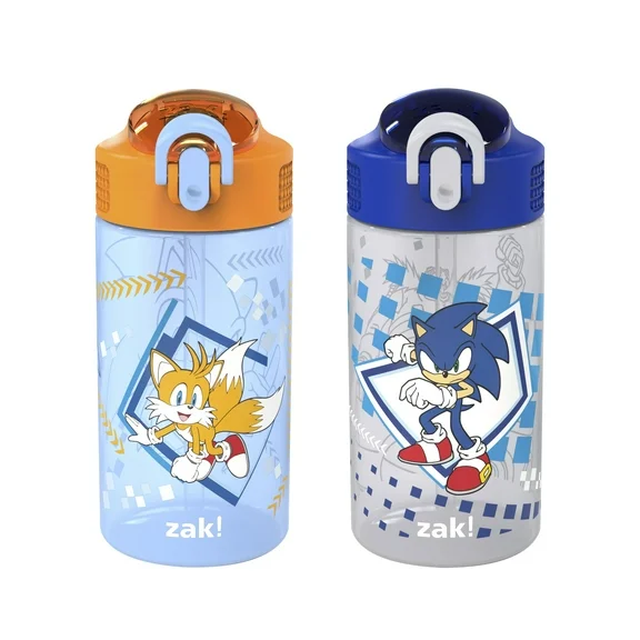 Zak Designs 2pc 16 oz Modern Sonic Kids Water Bottle Plastic with Easy-Open Locking Spout Cover for Travel, Sonic the Hedgehog