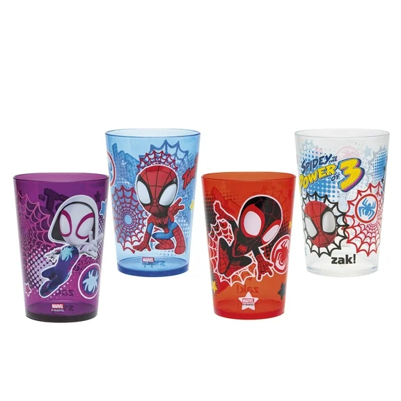 Zak Designs Spiderman Kids 4-Piece 14.5 oz Tumbler Set Durable Plastic Cups Fun Drinkware Nesting 4 pcs Set, Spidey