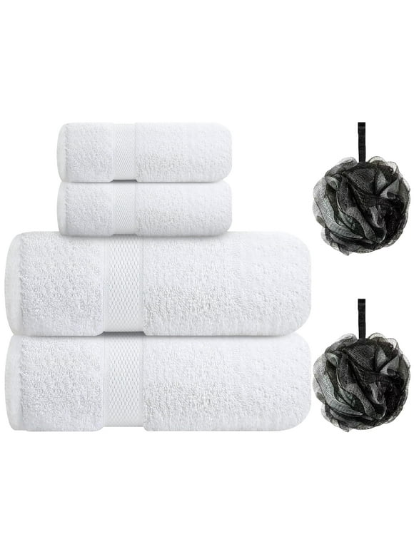Zhao.Fu White Bath Towels, 100% Cotton Ultra Soft, 2 Bath Towels 27" x 54", 2 Hand Towels 14" x 30", 2 Pack 50g Bath Poufs, Bath Towels Set for Home Hotel and Spa, 6 Pack