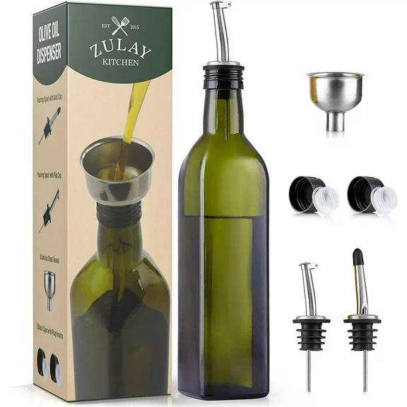 Zulay Kitchen 17 oz Olive Oil Bottle Dispenser - 8pc Set with Pour Spout Funnel and Cork - Green Glass