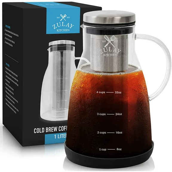Zulay Kitchen Airtight Cold Brew Coffee Maker 1 Liter Glass Carafe Mesh Filter and Non-Slip Base