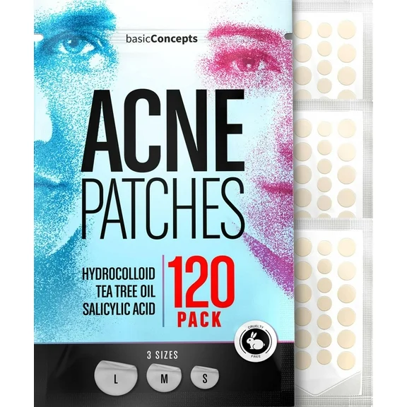 BASIC CONCEPTS Acne Patches (120 Pack), Salicylic Acid, Tea Tree Oil and Hydrocolloid Pimple Patches for Face, Zit Patch (3 Sizes), Blemish Patches, Acne Spot Dots, Pimple Stickers, Acne Patches