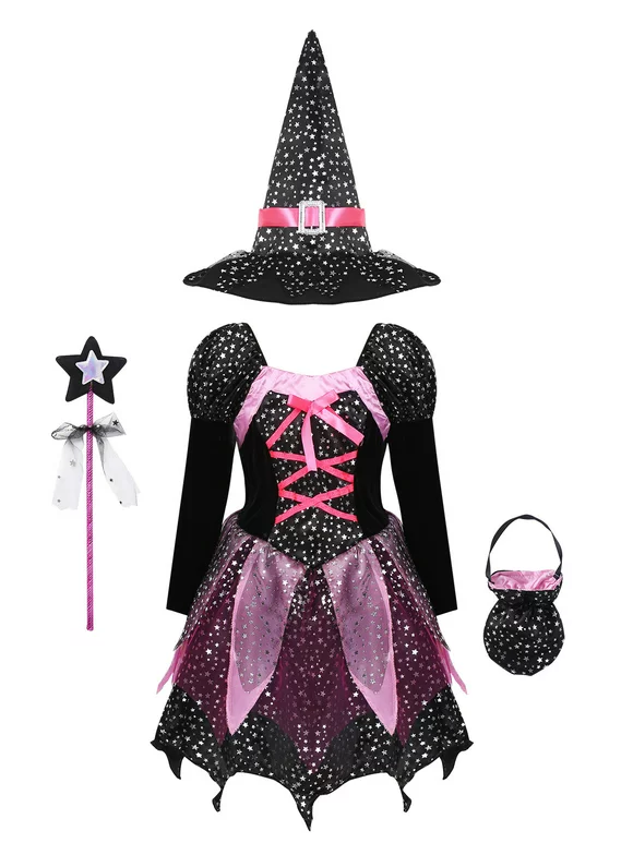 iiniim Kids Girls Witch Costume Long Sleeves Dress Halloween Cosplay Size 2-12 A Black 9-10