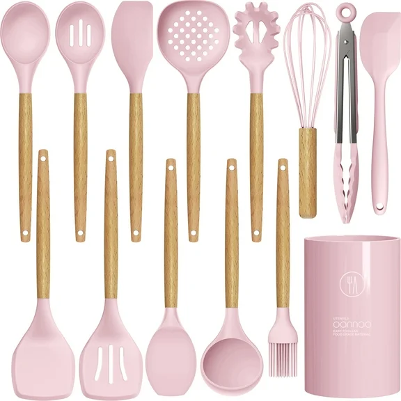 oannao Silicone Cooking Utensils Set - 446°F Heat Resistant Silicone Kitchen Utensils for Cooking,Kitchen Utensil Spatula Set w Wooden Handles,Holder, BPA FREE Gadgets for Non-Stick Cookware (Pink)