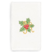 Linum Home Christmas Holly Embroidered White Turkish Cotton Hand Towel